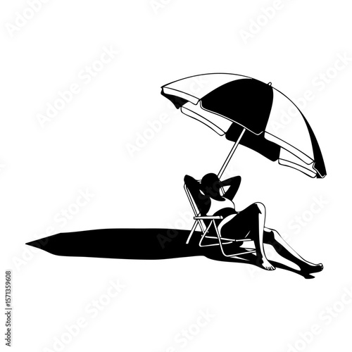 Minimalist black and white illustration of a woman relaxing under a beach umbrella