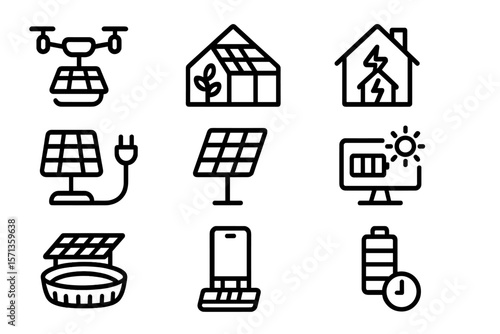 Renewable energy icons vector illustration: solar panels, greenhouse, smart home, battery storage for eco-friendly design