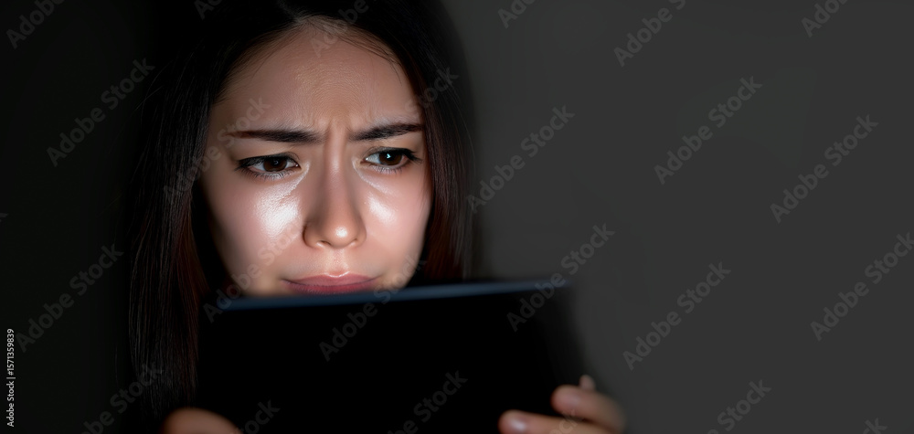 Worried woman looking at digital tablet in dark room with screen light reflecting on her face Worried woman looking at digital tablet in dark room with screen light reflecting on her face