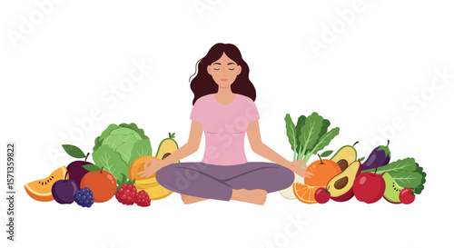 Calm meditation with fruits and vegetables vector illustration for wellness and healthy living design
