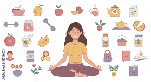 Wellness and self-care vector illustration with health and relaxation icons in flat style