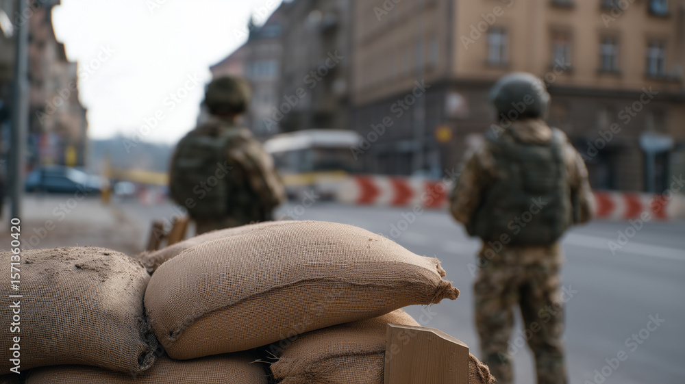 Fototapeta premium Sandbag barricade soldier camouflage helmet urban street security defense blurred background tense atmosphere