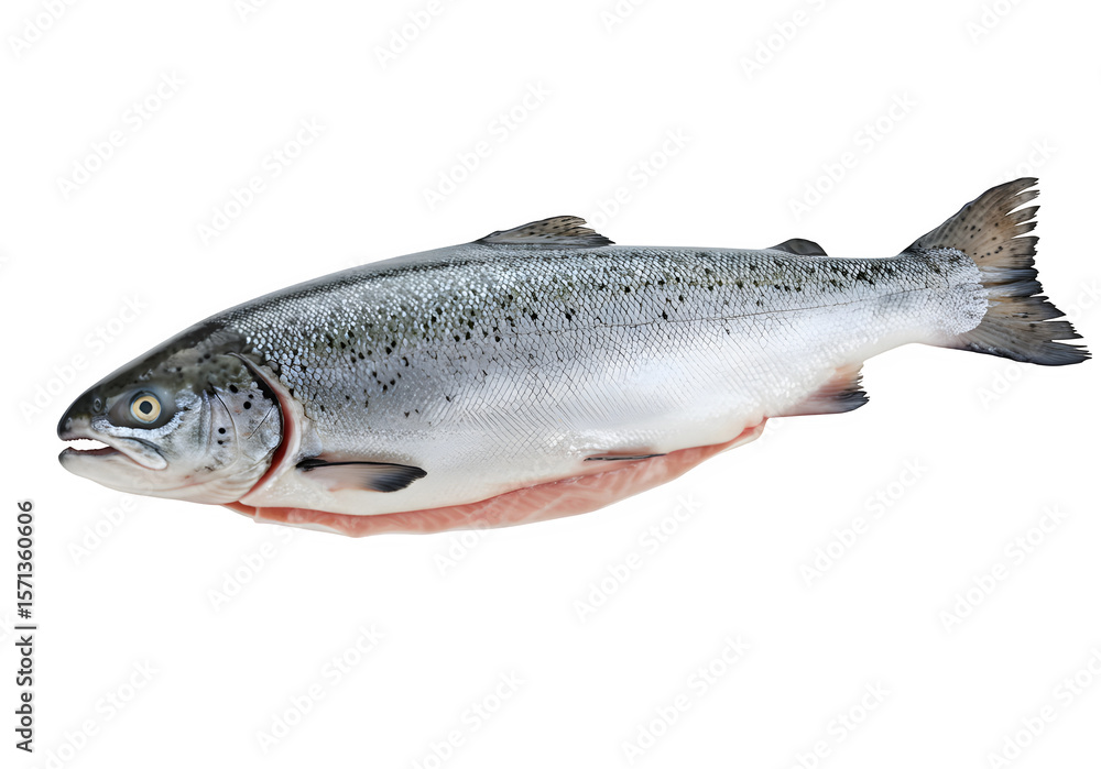 Naklejka premium Fresh salmon fish isolated on white or transparent background, ideal for culinary, seafood packaging, or healthy eating design. PNG format.
