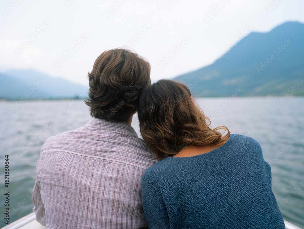Fototapeta premium Couple relaxing on boat, enjoying romantic getaway on calm lake with mountains in background