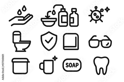 Hygiene and health icons vector illustration - minimalistic black line design for sanitation awareness