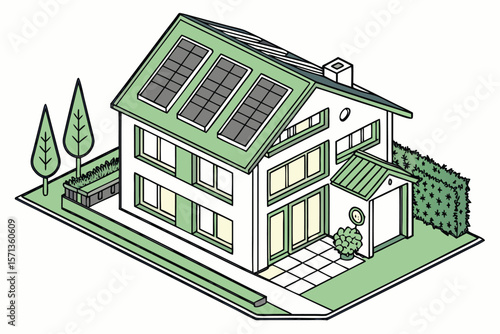 Isometric view of a modern house with solar panels on the roof and a well manicured garden area around it