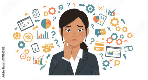 Businesswoman contemplating data analysis in flat vector illustration for business strategy design