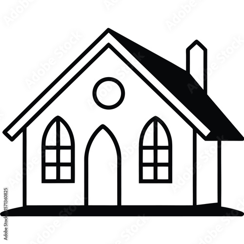 Simple black outline of a gothic style house with chimney isolated on white background