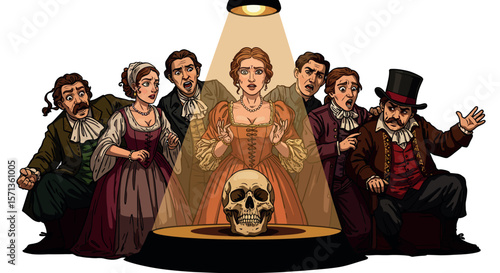 Dramatic theater scene with skull and vintage characters in spotlight vector illustration