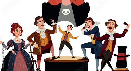 Vintage magic show performance vector illustration featuring elegant stage characters