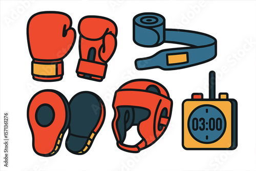 Boxing equipment vector illustration: gloves, headgear, timer, and hand wraps in flat style