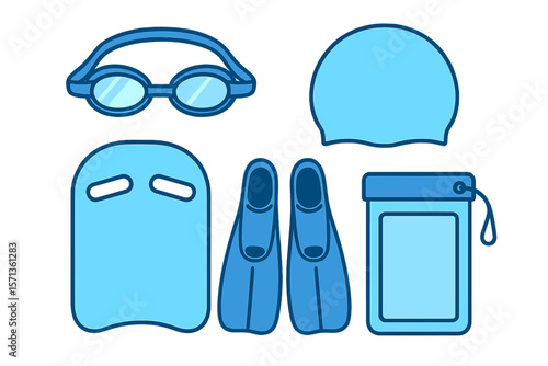 Swimming gear vector illustration - goggles, cap, fins, kickboard and waterproof case for training or recreation