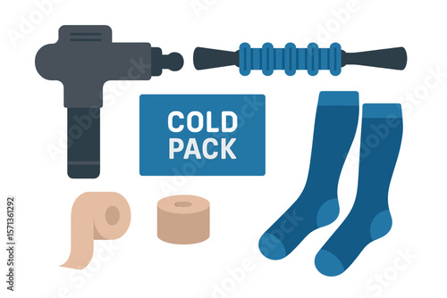 Muscle recovery tools vector illustration: massage gun, foam roller, cold pack, and compression socks