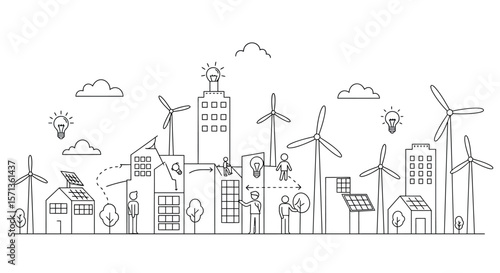Sustainable energy solutions: line vector illustration of renewable energy sources and urban development