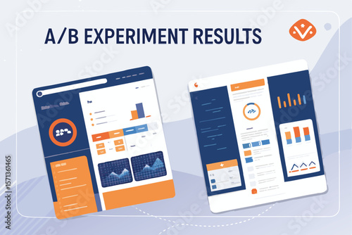 Vector digital ad testing with A/B experiment results data, metrics, conversions, analytics, website, design.