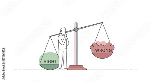 Ethical decision-making vector illustration - man contemplating right vs wrong - flat design for posters and educational materials