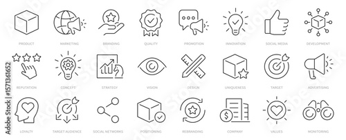 Branding thin line icons set. Brand, marketing, product, positioning icon. Editable stroke. Vector