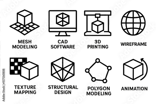 Technical line art vector illustration of 3d printing and modeling concepts for design and education