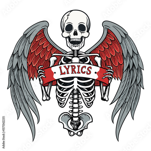 Winged skeleton figure bears lyrics on a banner. Artistic, gothic vibe.