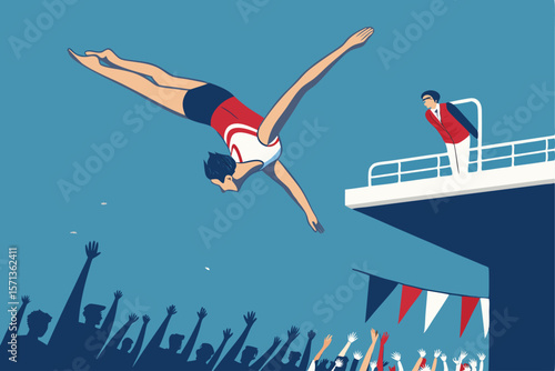 Vector illustration of a diving competition mid-air, athletes, pool, water splash, Olympic sport, athleticism.