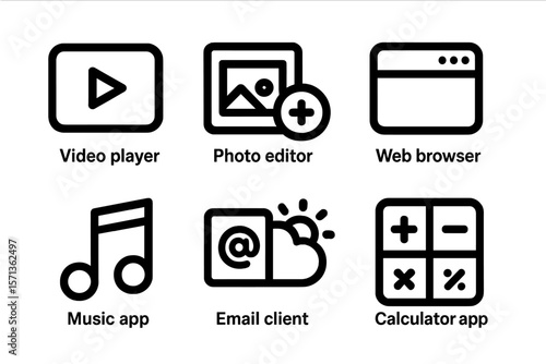 Mobile app icons vector illustration: video player, photo editor, email, music, web browser