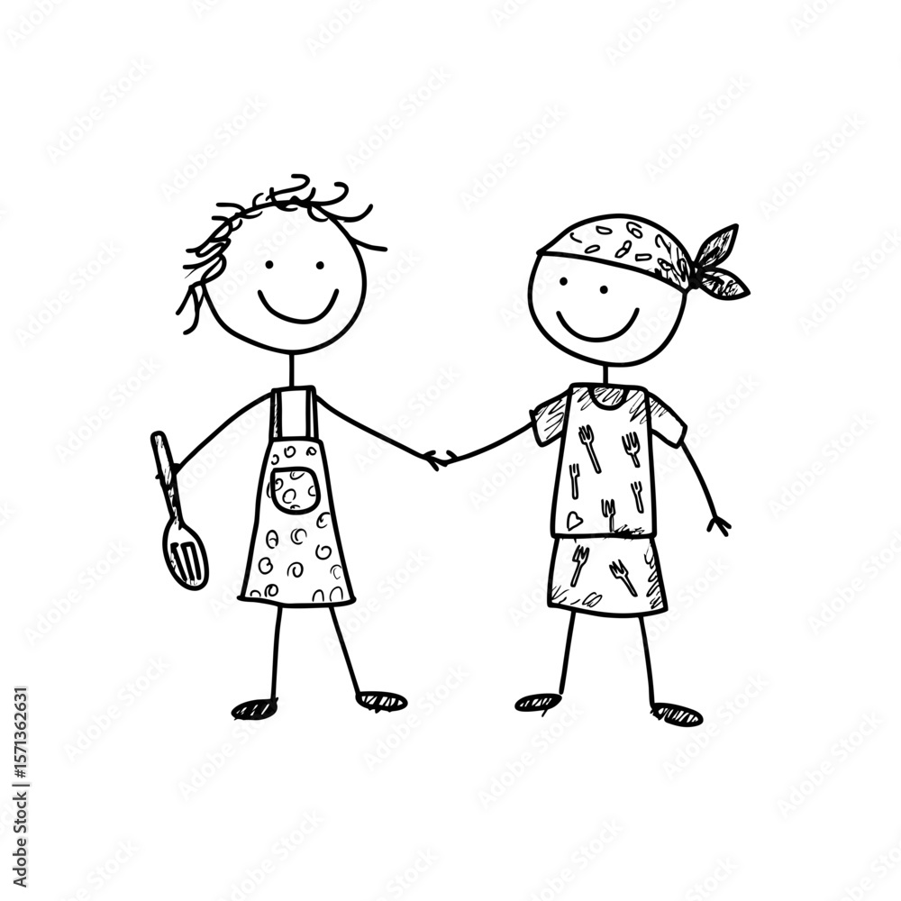 Smiling couple in aprons holding kitchen utensils, stick figure black line doodle in hand-drawn style on transparent background, perfect for cooking blogs, recipe illustrations, or food-themed Smiling couple in aprons holding kitchen utensils, stick figure black line doodle in hand-drawn style on transparent background, perfect for cooking blogs, recipe illustrations, or food-themed