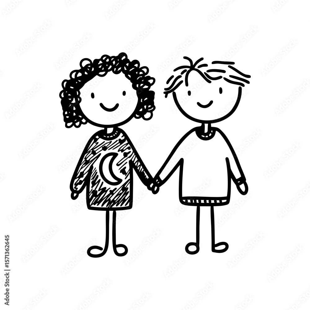 Black and white cartoon of diverse couple holding hands with moon and stars pattern, great for night-themed books, sleepover party invites, or bedtime education projects on transparent background Black and white cartoon of diverse couple holding hands with moon and stars pattern, great for night-themed books, sleepover party invites, or bedtime education projects on transparent background