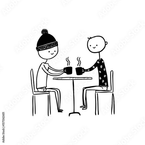 Minimalistic doodle of diverse couple drinking hot coffee at café table, perfect for coffee shop branding, friendship-themed illustrations, or casual winter postcards on transparent background