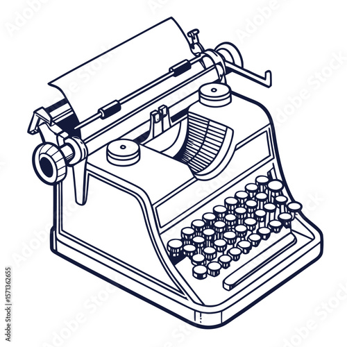 Isometric line art illustration of a vintage typewriter with paper loaded and visible keys shown