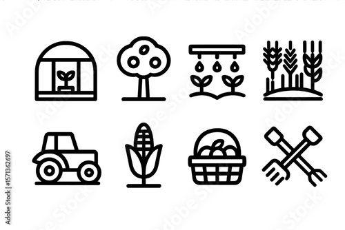 Farming and agriculture vector illustration with crops and tools icons for design