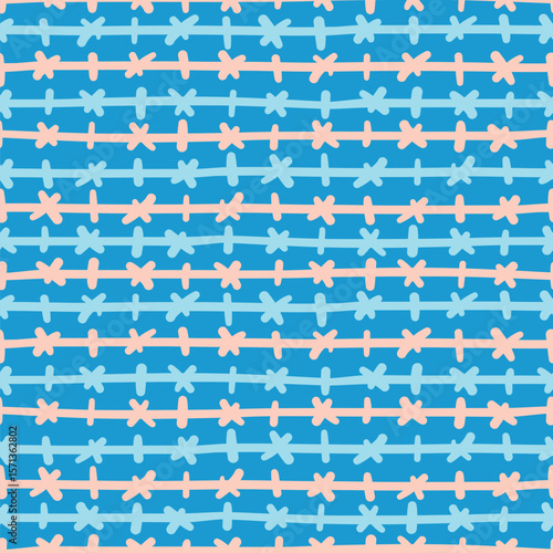 Horizontal stripes and crosses vector tile pattern. Hand drawn stitched lines design seamlessly wallpaper in orange and blue.