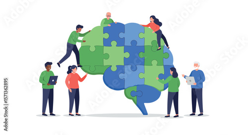 Teamwork and brain puzzle concept vector illustration for collaborative innovation and problem solving