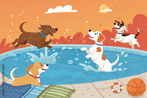 Vector illustration Cheerful dog pool party. Multiple dog breeds, floats, water, sun, drinks, summer fun.