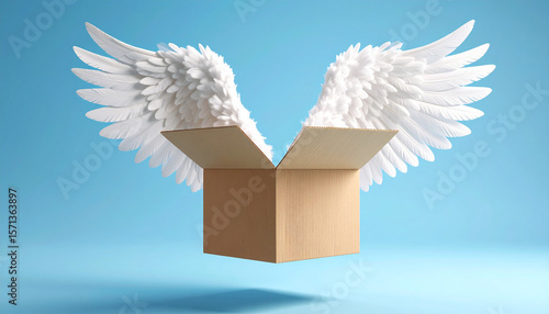 A cardboard box with white angel wings, floating in the air, suggesting freedom and possibility.