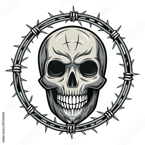 Skull with stitched mouth inside barbed wire wreath, dark and unsettling.