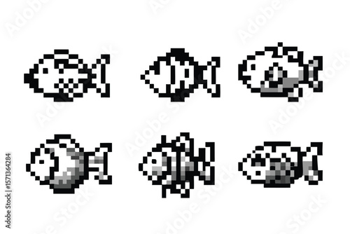 16-bit Fish Pixel Art Icon Set. Monochrome Aquatic Sprites with Dithering. Retro Gaming Style Symbols