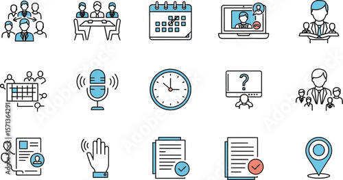 Line art icons depicting business meetings and office related activities