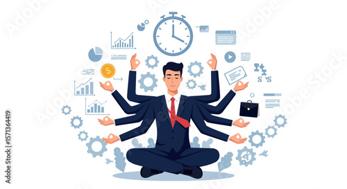 Multi-tasking businessman meditating with productivity icons vector illustration