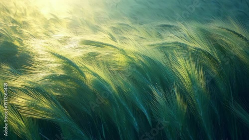 Serene green grass swaying in the breeze with warm sunlight