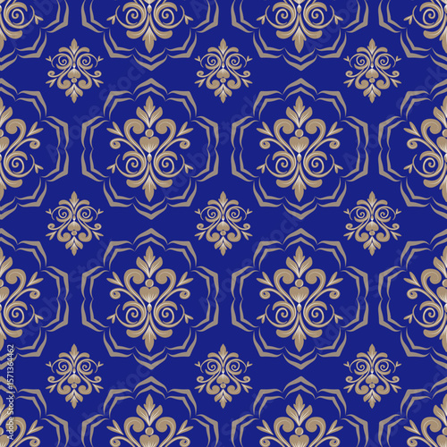 Damask seamless pattern with brown floral element and blue background, vintage, luxury, vector illustration elegant for textile, wall paper, bedding, curtains, cushion cover, rug, upholstery fabric