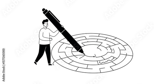Man solving giant maze with pen vector illustration for problem solving concept in flat style