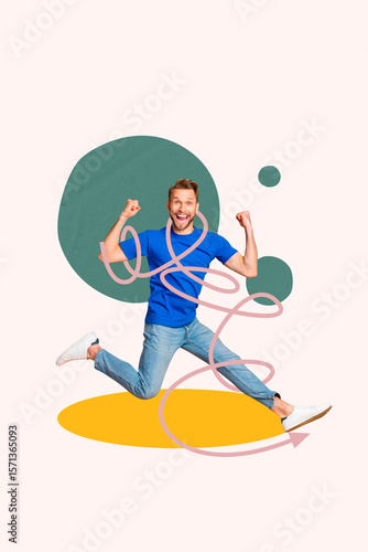 Fototapeta Collage of funny person navigating tangled lines symbolizing confusion challenge