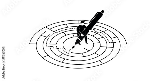 Man navigating maze with pen in minimalist vector illustration for problem solving concept