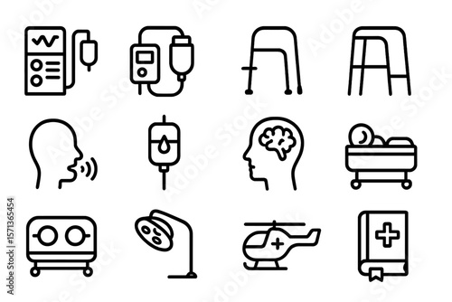 Healthcare and medical equipment vector illustration: icons of medical devices and emergency symbols for design and educational use