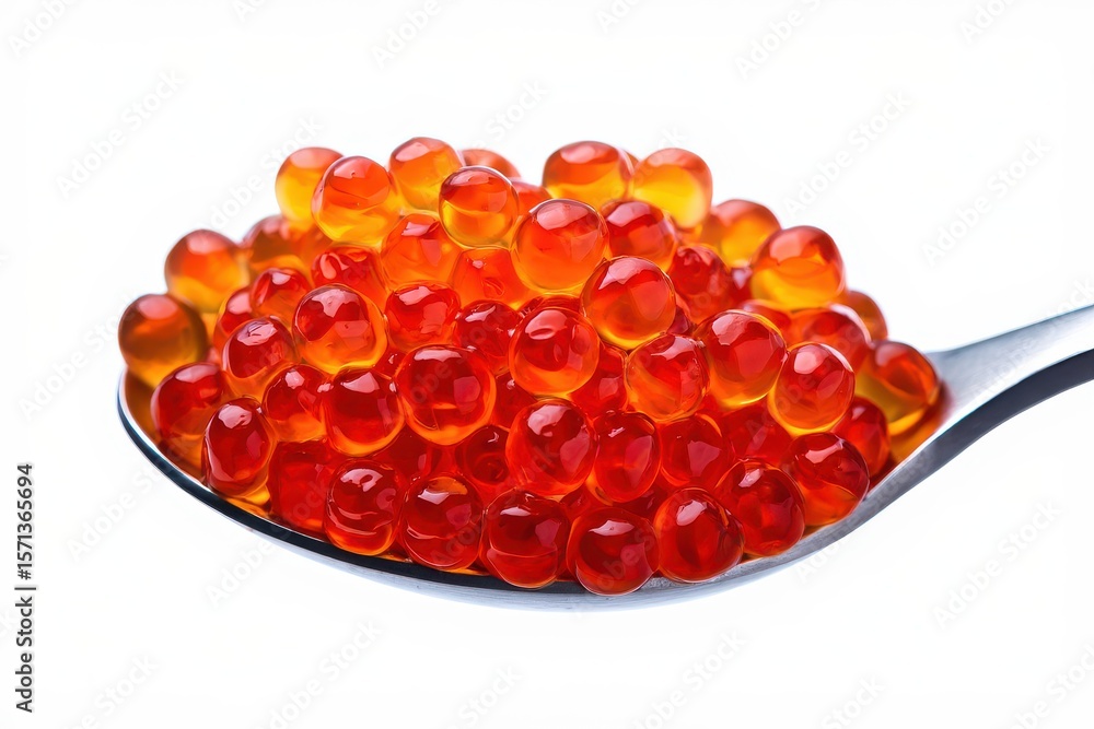 Red caviar eggs piled on a silver spoon against white salmon fish Red caviar eggs piled on a silver spoon against white salmon fish
