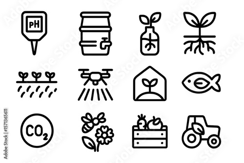 Sustainable agriculture vector illustration: farm, aquaponics, and technology icons for eco-friendly design
