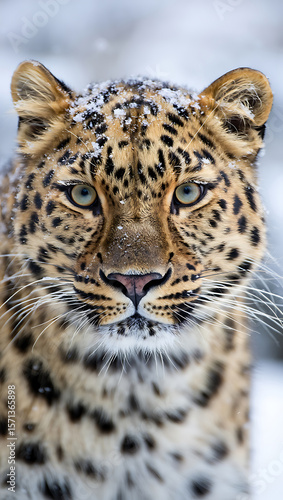 Photo of a majestic amur leopard stares intensely into the camera, its fur dusted with snowflakes, in a stunning winter portrait