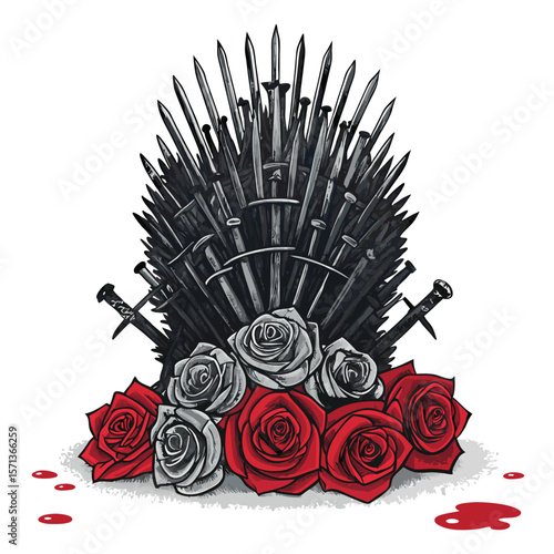 A nail throne with bleeding roses, red, a striking, gothic image.