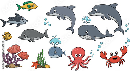 Cartoon marine life vector illustration with whales, dolphins, and coral reef elements for children’s educational material