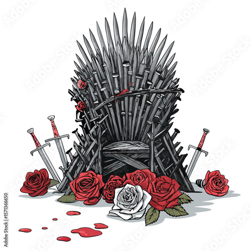 A crimson throne crafted of nails, with bleeding roses at its base.